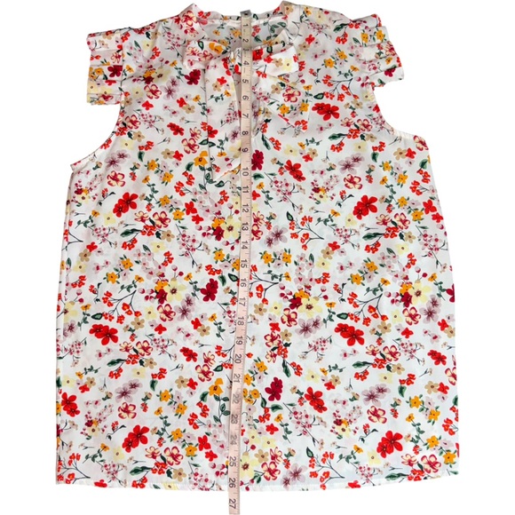 Les Amis Floral Tie Neck Blouse Size M Sleeveless Ruffle Shoulder Top - Picture 7 of 10
